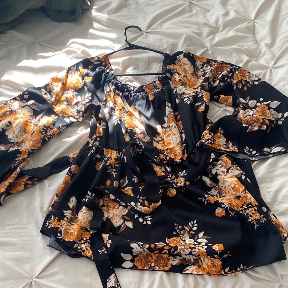SHEIN Black and Orange Floral Blouse